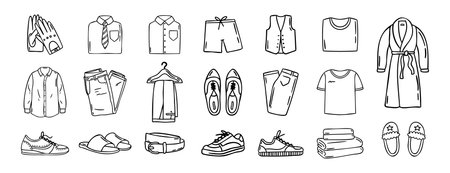 Mens clothing and wardrobe set shirts trousers shoes robe slippers belt gloves, hand drawn doodle line art monochrome hand drawnのイラスト素材