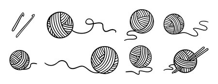 Ball of yarn or clews of thread for knitting doodle hand drawn icon set. Outline drawing ball of yarn line clipart symbol collectionのイラスト素材