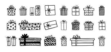 Hand drawn gift boxes doodle outline set. Present boxのイラスト素材