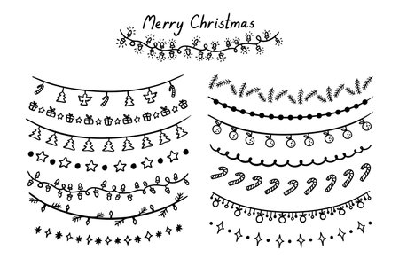 Winter garlands hand drawn Christmas symbols set isolated on white background. Doodle Christmas design elements.のイラスト素材