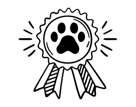 pet medal, cat or dog award with paw icon doodle hand drawn. Outline line drawing clipart symbolのイラスト素材