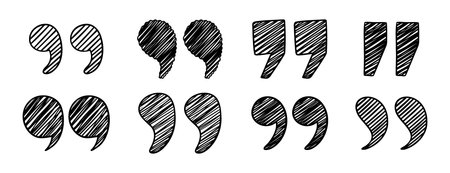 hand drawn sketchy shaded quotation marks for citation doodle quotes set. Black scribble speech...