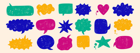 text boxes and speech bubbles with grunge crayon or color chalk texture set. Retro vintage...