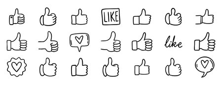 Thumbs up like doodle hand drawn icon set. Social media approval button. Hand gesture vector illustration for web designのイラスト素材