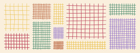 Pastel grid notebook paper set. Crayon drawn checkered patterns. Hand sketched plaid backgrounds for designのイラスト素材