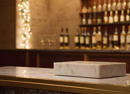 luxurious festive display, elegant marble stand showcases gifts, chic marble pedestal illuminated with warm lighting, sophisticated gift presentation on marble plinth with ambient glowの素材