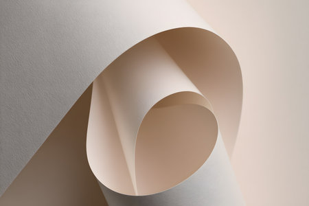 spiral paper loop with warm tones, layered tunnel of smooth edges and gentle shadow, minimalist studio set for product staging and editorial backdrops, cozy aesthetic and soft directional light.の写真素材