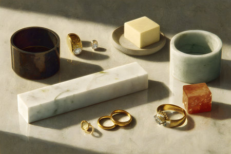 marble jewelry gold rings bracelets arranged on textured tabletop bathed in warm sunlight, soft shadows creating cinematic depth; ceramic cups, brass tray, polished stone bar, and amber resin accentの素材