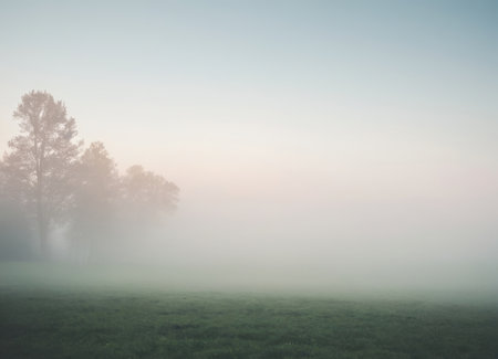 quiet sunrise amidst vibrant foliage, peaceful morning panorama featuring dewy grasses and distant trees, calm sunrise over lush meadows with moist grasses and distant wooded landscapeの素材