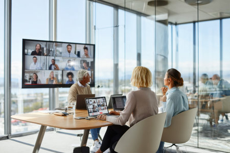 executive presentation glass conference room downtown three caucasian women lead client pitch with laptop and large screen displaying remote participants, panoramic city skyline visibleの素材