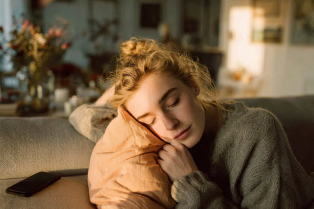 peaceful woman enjoys calming home moment, content traveler soothes muscles in cozy living spaceの素材