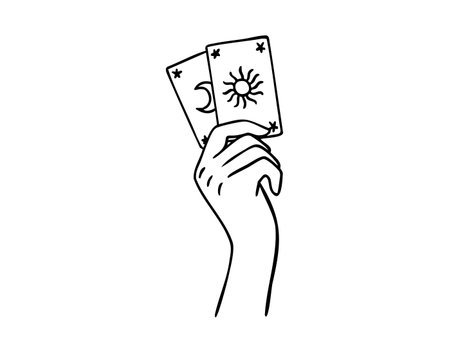 Hand holding mystical cards with sun and moon, monochrome line art hand drawn styleのイラスト素材