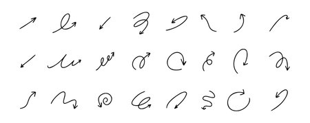 Doodle spiral arrows set. Hand drawn arrows. Design quirky twist line, curve wave arrow.のイラスト素材