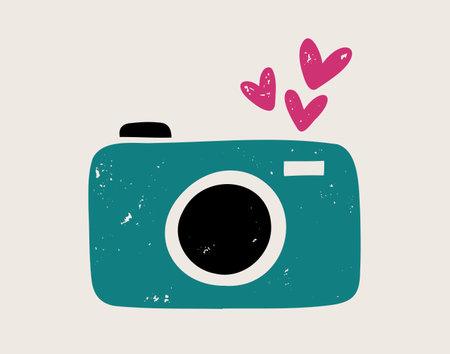 cute love camera with hearts textured grunge retro silhouette icon doodle hand drawn. colorful clipart symbolのイラスト素材