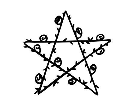 Mystical star with roses and thorns, monochrome line art hand drawn style