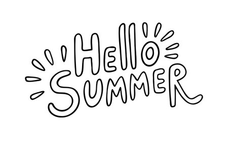 Hand drawn Hello Summer black outline lettering with sunburst doodles on white background contour typographyのイラスト素材