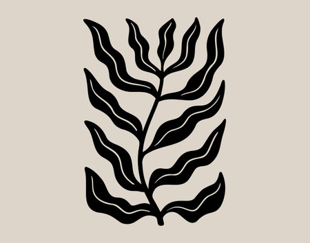 Hand drawn abstract branch leaf grass with green grainy Matisse style. Contemporary plant nature template posterのイラスト素材