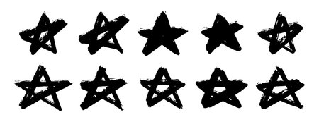 grunge stars doodle set. brush stroke texture, stained distress style stars set. punk rock posters, banners, labels. dirty stars elementsのイラスト素材