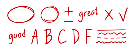grading doodle element set. Red grades result, round accent line, plus and minus sign, school exam...