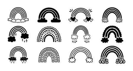 monochrome rainbow icon black set, flat cartoon hand drawn cute rainbow style. Rainbows with clouds hand drawn elements collection.のイラスト素材