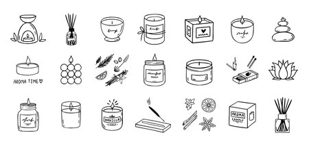 Hand drawn doodle candles set . Outline aroma collection. Burning aroma candles, Various Candles. Pillar, square and container candle. Decorative wax spice candles for relax and spa.のイラスト素材