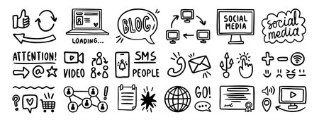 Social media signs and symbols set with hand drawn arrows, icons for app, trendy blogging, internet communication, creative digitalのイラスト素材
