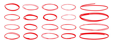red pen hand drawn doodle marks, red circle and oval stroke set. Outline red drawing line clipart symbolのイラスト素材