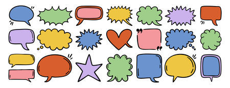 Hand drawn colored cartoon positive kids sketch elements speech bubble. Suitable for stickers,...
