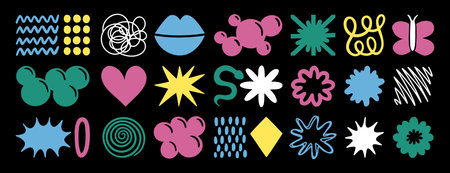 Naive retro playful abstract shapes sticker set. Abstract trendy shapes 90s 00s style. wavy and...