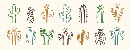 Collection of doodle wild west cactus icons in minimal desert style, hand drawn cactiのイラスト素材