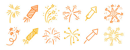 Hand drawn fireworks doodle set celebration line art designのイラスト素材