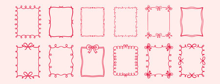 Bow rectangle frame ribbon border vintage cute hand drawn set. decorative pink hand drawn doodle line bow frame. Elegant romantic doodle wedding ribbon border.のイラスト素材