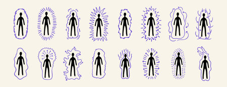 Set of human silhouettes with colorful auras in various line styles, esoteric mystical design, hand...