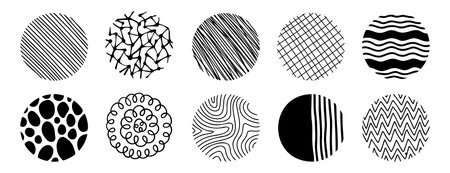 round abstract pattern hand drawn doodle shapes. spots, drops, curves and lines. trendy vector circles templateのイラスト素材