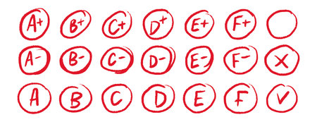 Hand drawn school grade circles red marks set educational designのイラスト素材