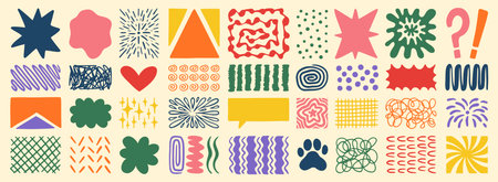Retro shapes elements set. Abstract paw, star, flower, shapes and stickers. Groovy funky bubble, star, print, lines, waves. Trendy retro 60s, 70s or 90s cartoon colorful style.のイラスト素材
