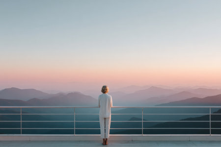 professional traveler contemplating layered ridgelines during warm dusk glow in pastel sunsetの素材
