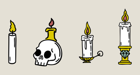 Candles set, holder candle, plain candle, skull candle, medieval vibe, boho mystical witchy hand drawn styleのイラスト素材