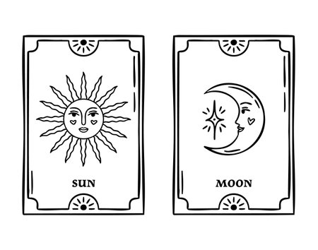 Two tarot cards sun and moon with faces, mystical duo, hand drawn, line art outline, hand drawnのイラスト素材