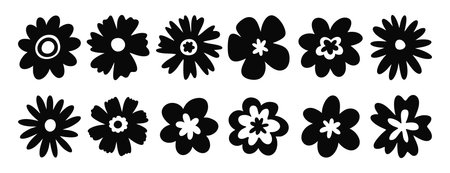 Collection of silhouettes Flower icon, Abstract botanical flower set. vector botany floral design, hand drawn. Suitable for stickers, logos, posters, packaging and printable projects.のイラスト素材