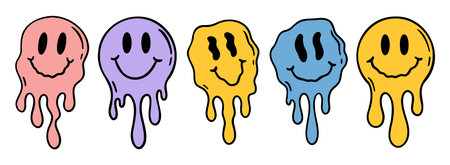 Melting smile retro vintage icon set. Colorful cartoon Psychedelic positive emoji sticker smile face...