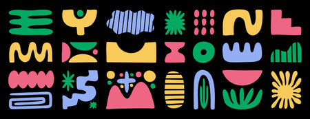Neon organic shapes on black background in modern matisse inspired style. Hand drawn.