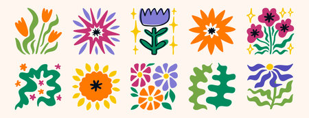 Creative flower poster style collection, bold colorful floral illustrations in square layout