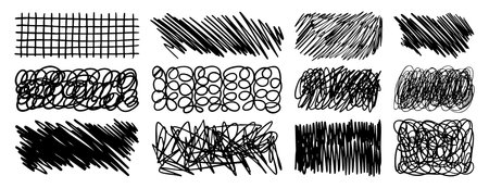 Vector set of scribble graphic elements hand drawn strokes, checks, crosses and highlights