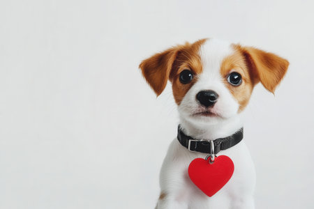beagle mix puppy wearing red heart, white background studio portrait facing camera, collar heart pendant centered on chest, expressive brown eyes, clean empty space for copy, adoption appealの素材