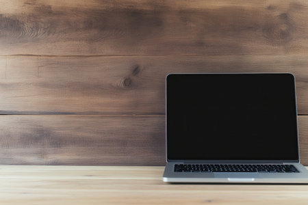 laptop on wood table, empty space for remote creators, rustic backdrop with warm tones, soft natural lighting, leftpositioned device offering wide negative space for headlines and marketing copy,の素材