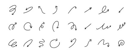 Doodle spiral arrows set. Hand drawn arrows. Design quirky twist line, curve wave arrow.のイラスト素材