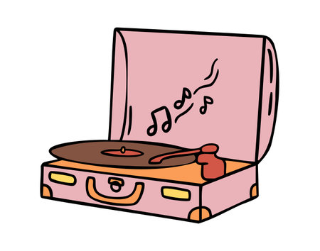 Suitcase record player vintage in a cozy hand drawn doodle style, warm and friendly.のイラスト素材