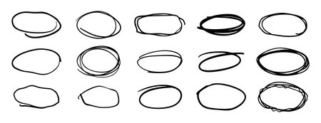 Hand drawn oval frames set with grunge texture scribble pencil cloud text boxes and line bordersのイラスト素材