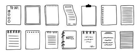 sheets various notebooks doodle hand drawn outline set. paper with stripes or dots, blank collection. Notebooks reminder, memory sketch pages. notes sheetのイラスト素材